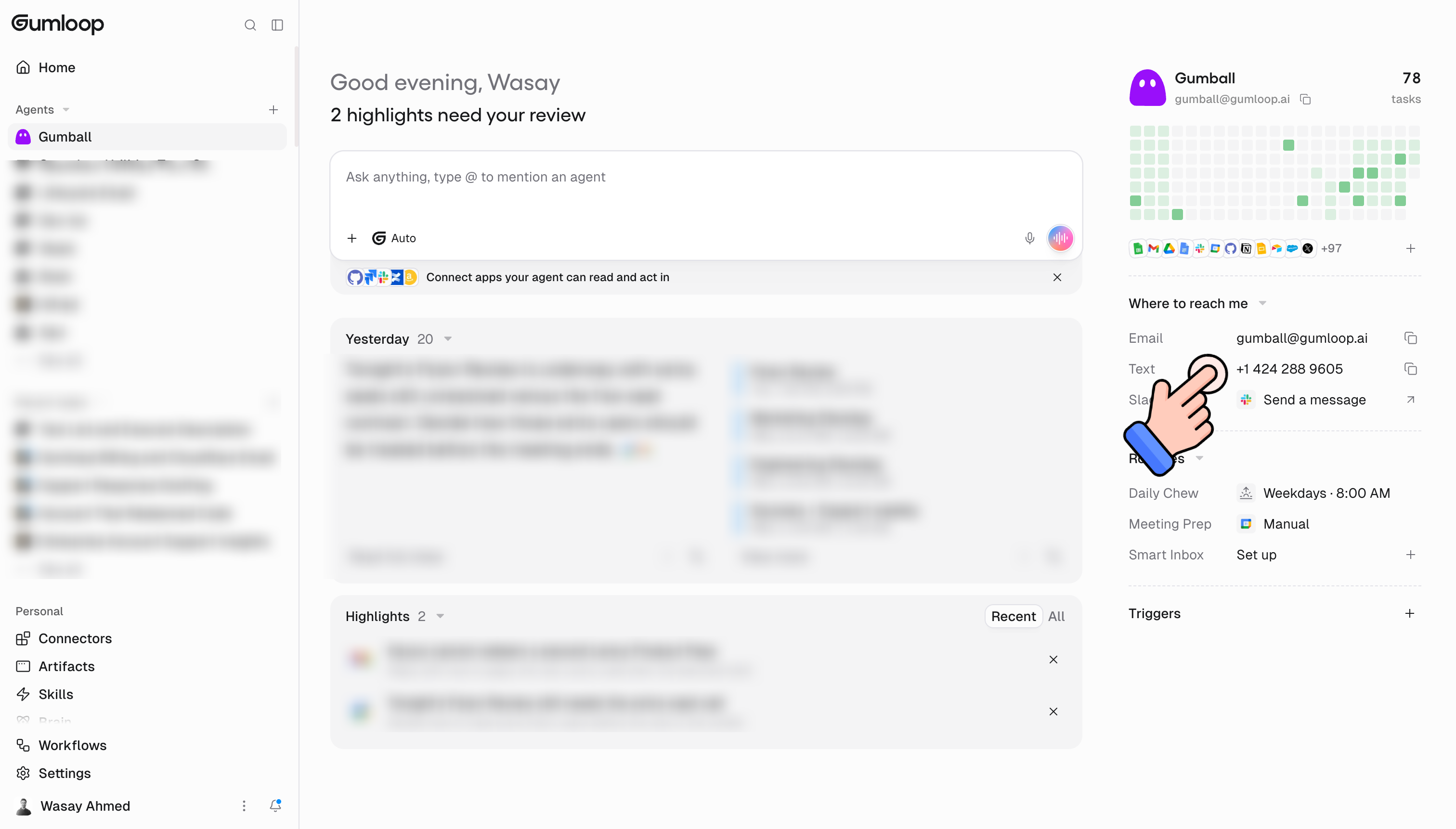 Gumball home screen with the Where to reach me section showing the Email, Text, and Slack rows
