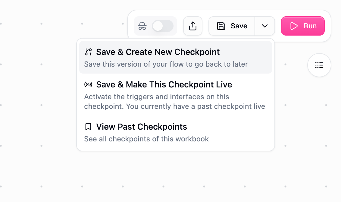 Save menu showing Make This Checkpoint Live when past checkpoint is active