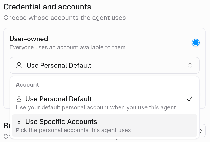 Credential and accounts section of a connector detail view with User-owned selected and the Account menu open on Use Personal Default and Use Specific Accounts