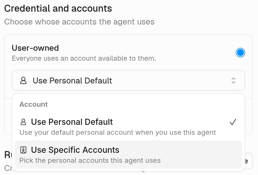 Credential and accounts section of a connector detail view with User-owned selected and the Account menu open on Use Personal Default and Use Specific Accounts
