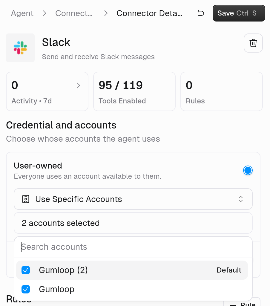 Slack connector detail view with Use Specific Accounts chosen, 2 accounts selected, and the list open with two checked accounts, Gumloop (2) marked Default and Gumloop
