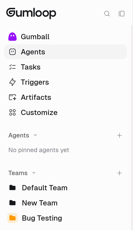Gumloop left sidebar with Gumball, Agents, Tasks, Triggers, Artifacts, and Customize, then an Agents section reading No pinned agents yet, a Teams section with a plus button, and Recents