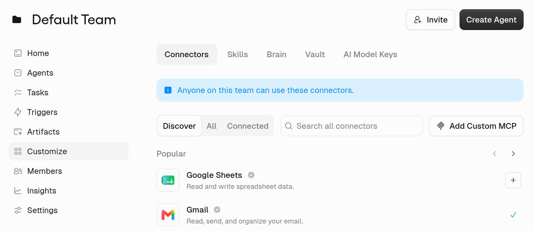 Team Connectors page with Discover, All, and Connected tabs and a searchable list of connectors