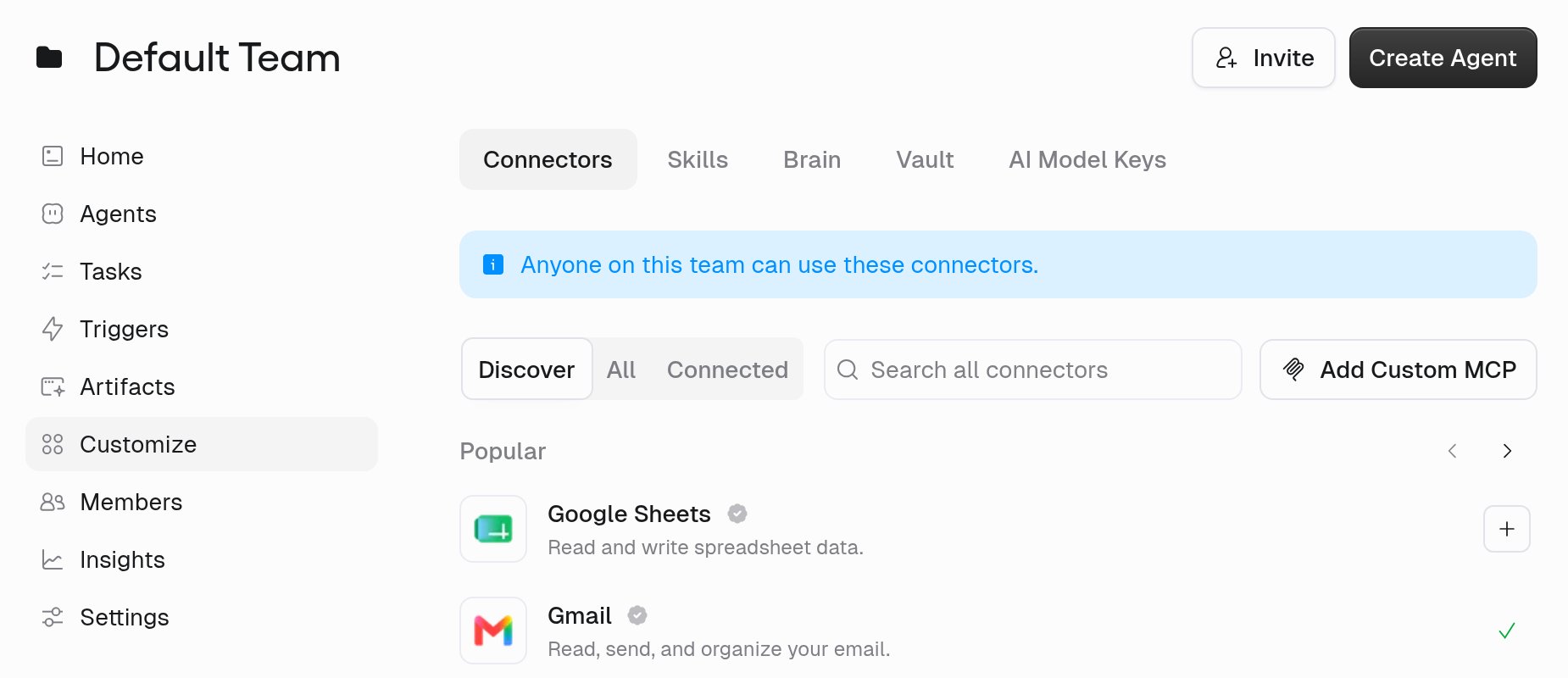Team Connectors page with Discover, All, and Connected tabs and a searchable list of connectors