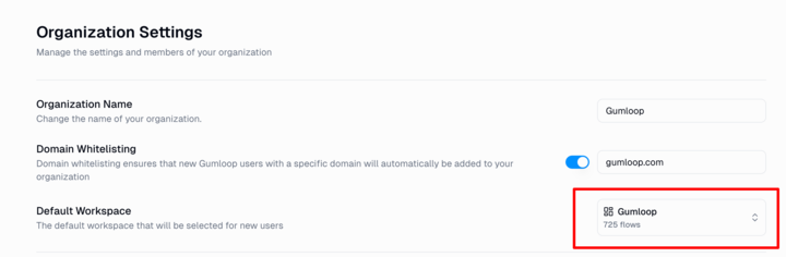 Default workspace in organization settings
