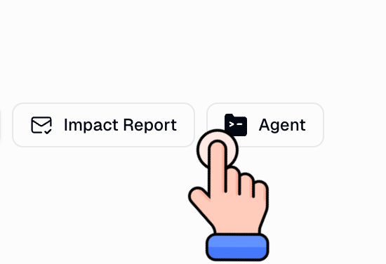 Impact Report and Agent buttons in the Insights toolbar, with a cursor clicking Agent