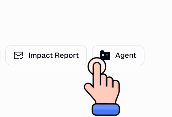 Impact Report and Agent buttons in the Insights toolbar, with a cursor clicking Agent