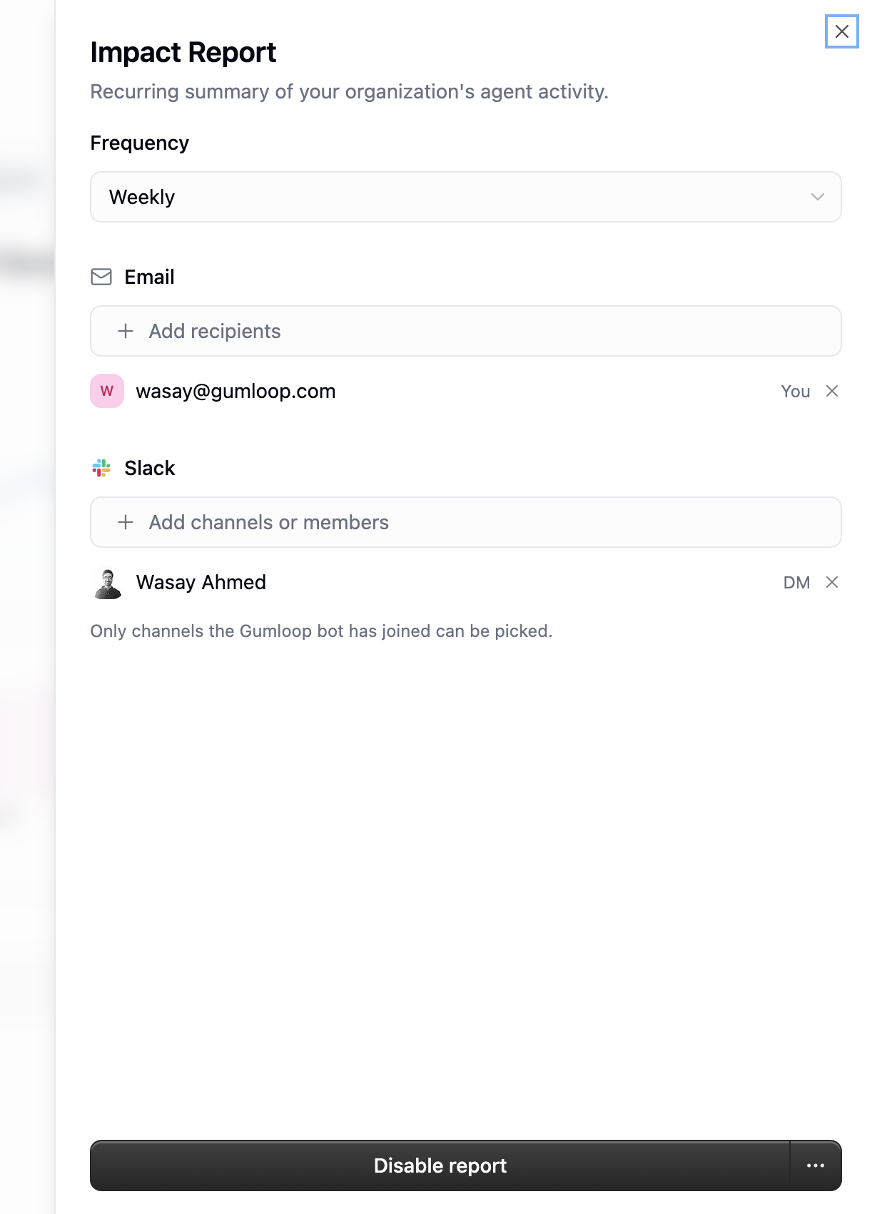 Impact Report panel with weekly frequency, email recipients, and Slack channels or members, plus a Disable report button