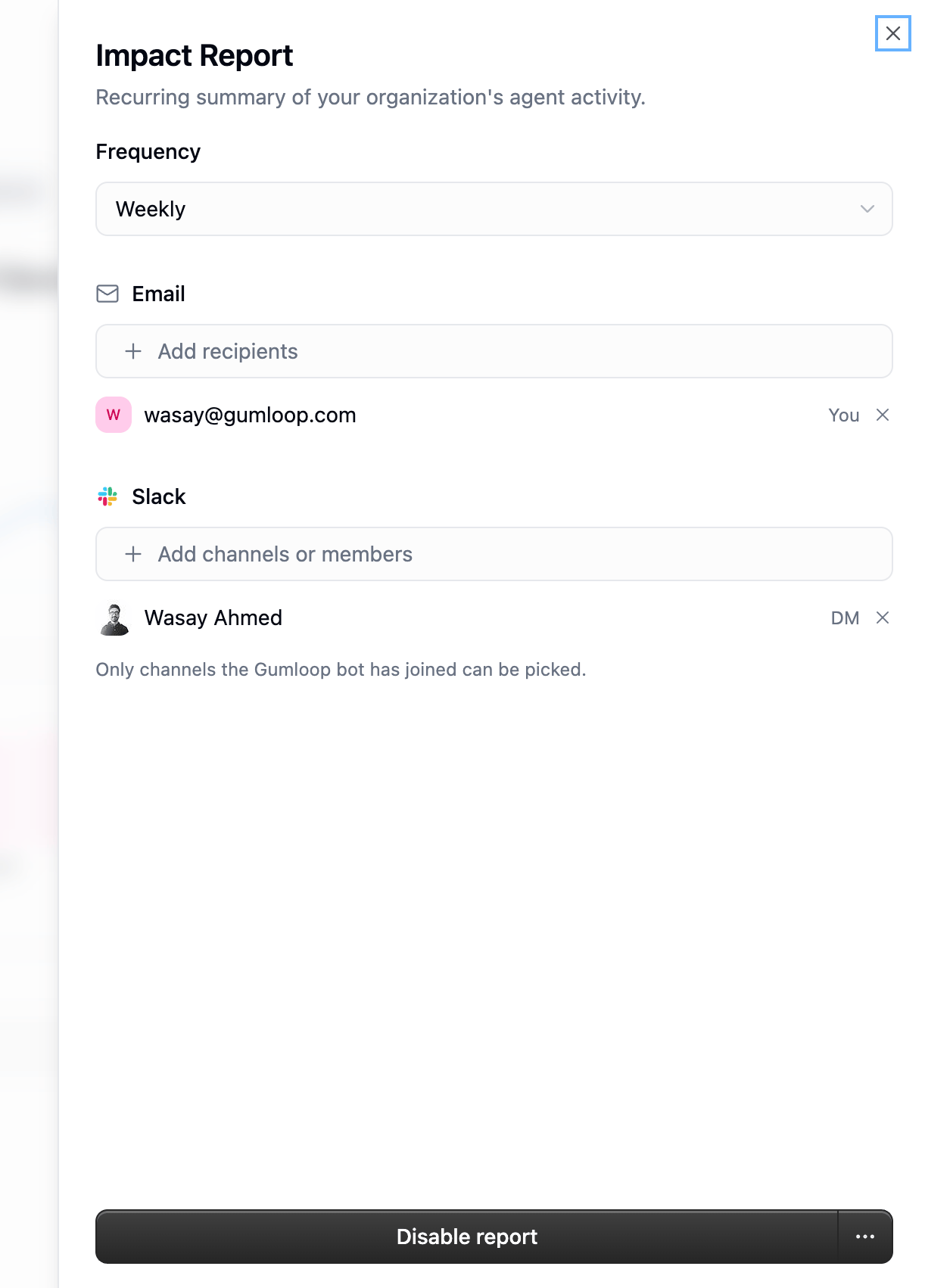 Impact Report panel with weekly frequency, email recipients, and Slack channels or members, plus a Disable report button