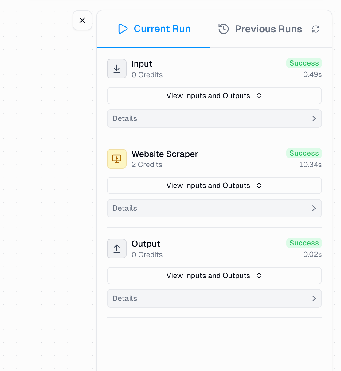 Current Run panel on run link