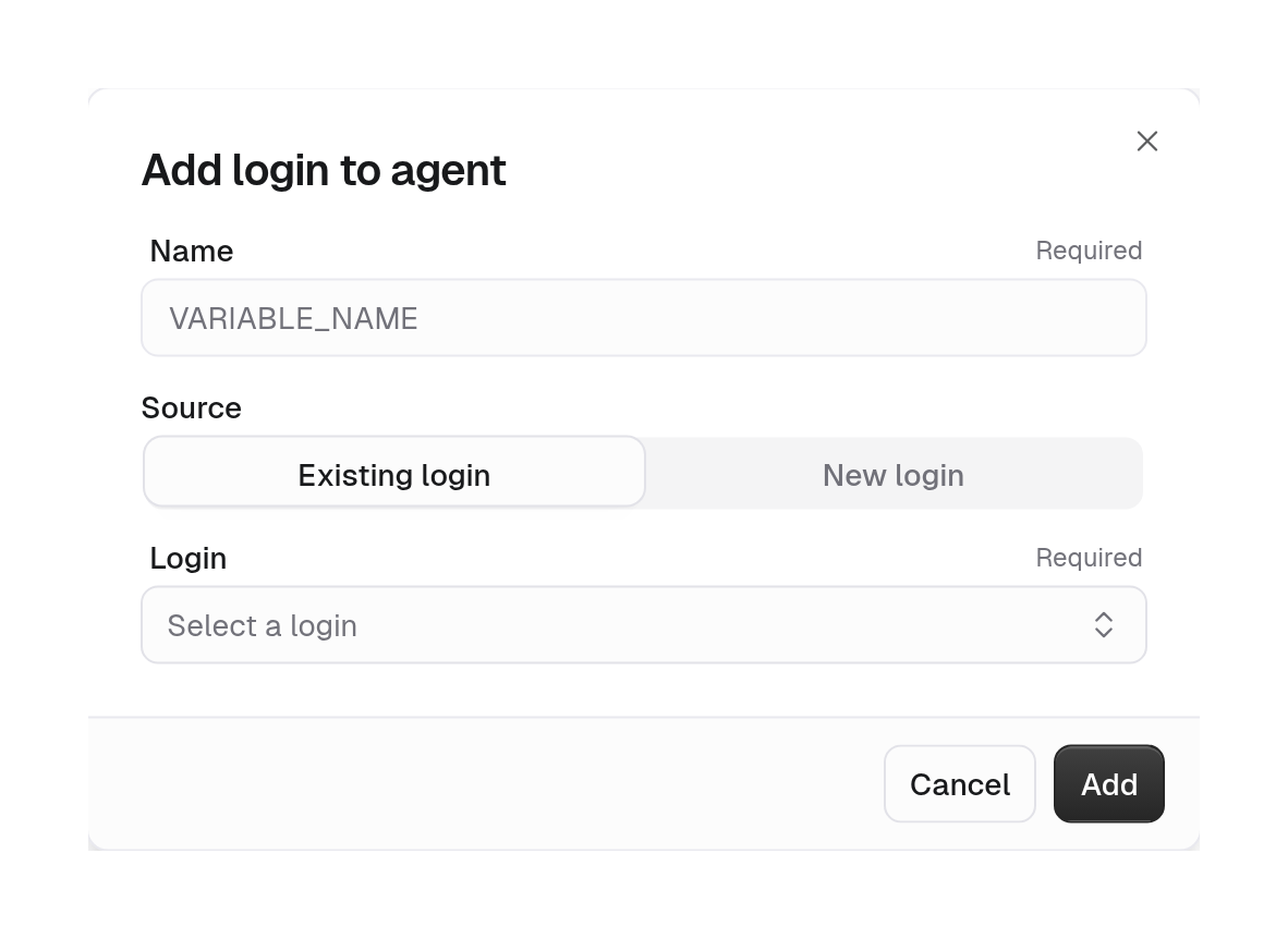 Add login to agent dialog with Name, Source with Existing login and New login, and a Login picker