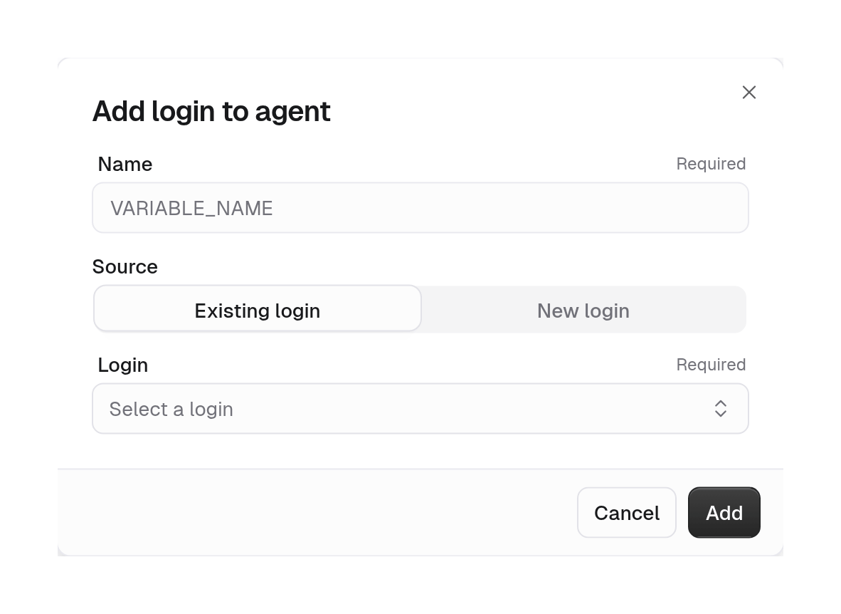 Add login to agent dialog with Name, Source with Existing login and New login, and a Login picker