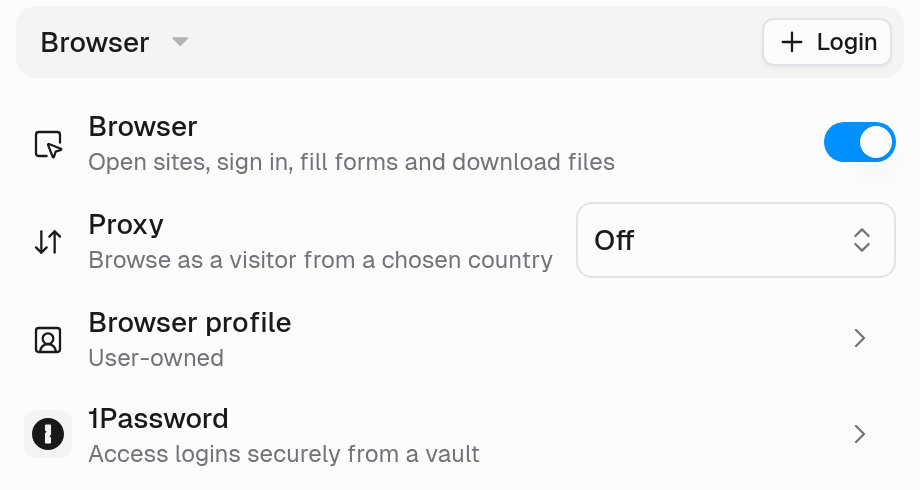 Browser section turned on, with rows for Browser, Proxy, Browser profile, and 1Password, and a Login button