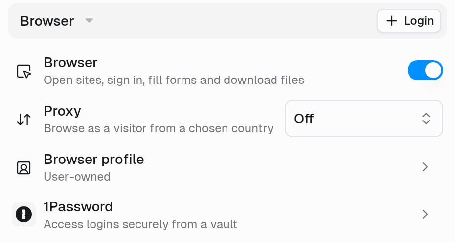 Browser section turned on, with rows for Browser, Proxy, Browser profile, and 1Password, and a Login button