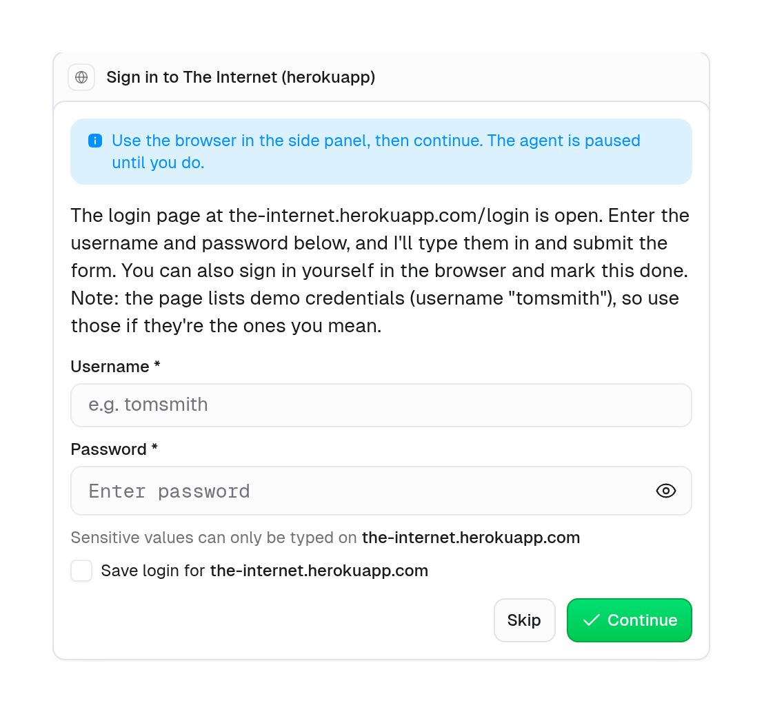 Handoff card with Username and Password fields, a note that sensitive values can only be typed on the-internet.herokuapp.com, a Save login checkbox, and Skip and Continue buttons