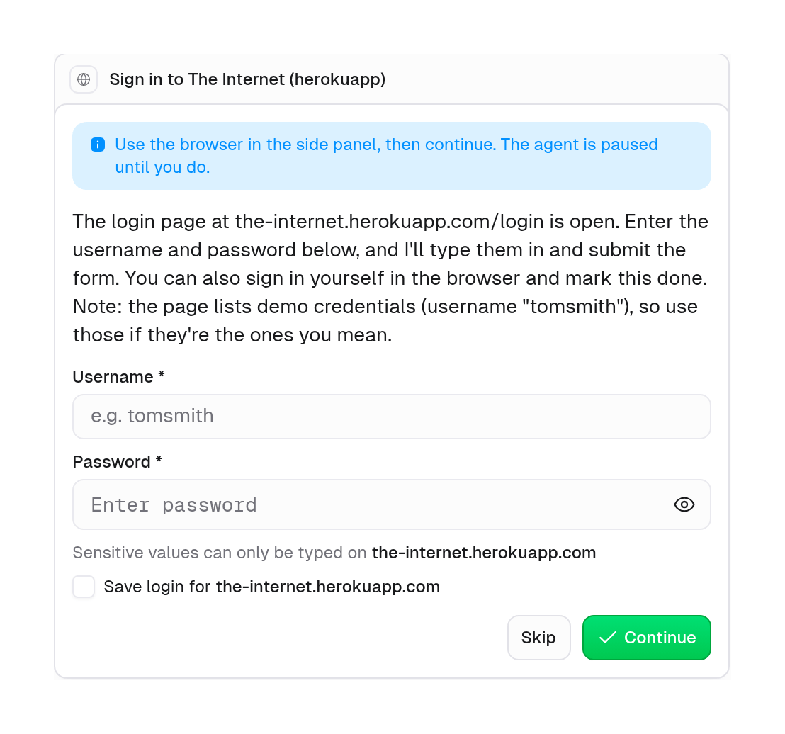 Handoff card with Username and Password fields and a Save login checkbox