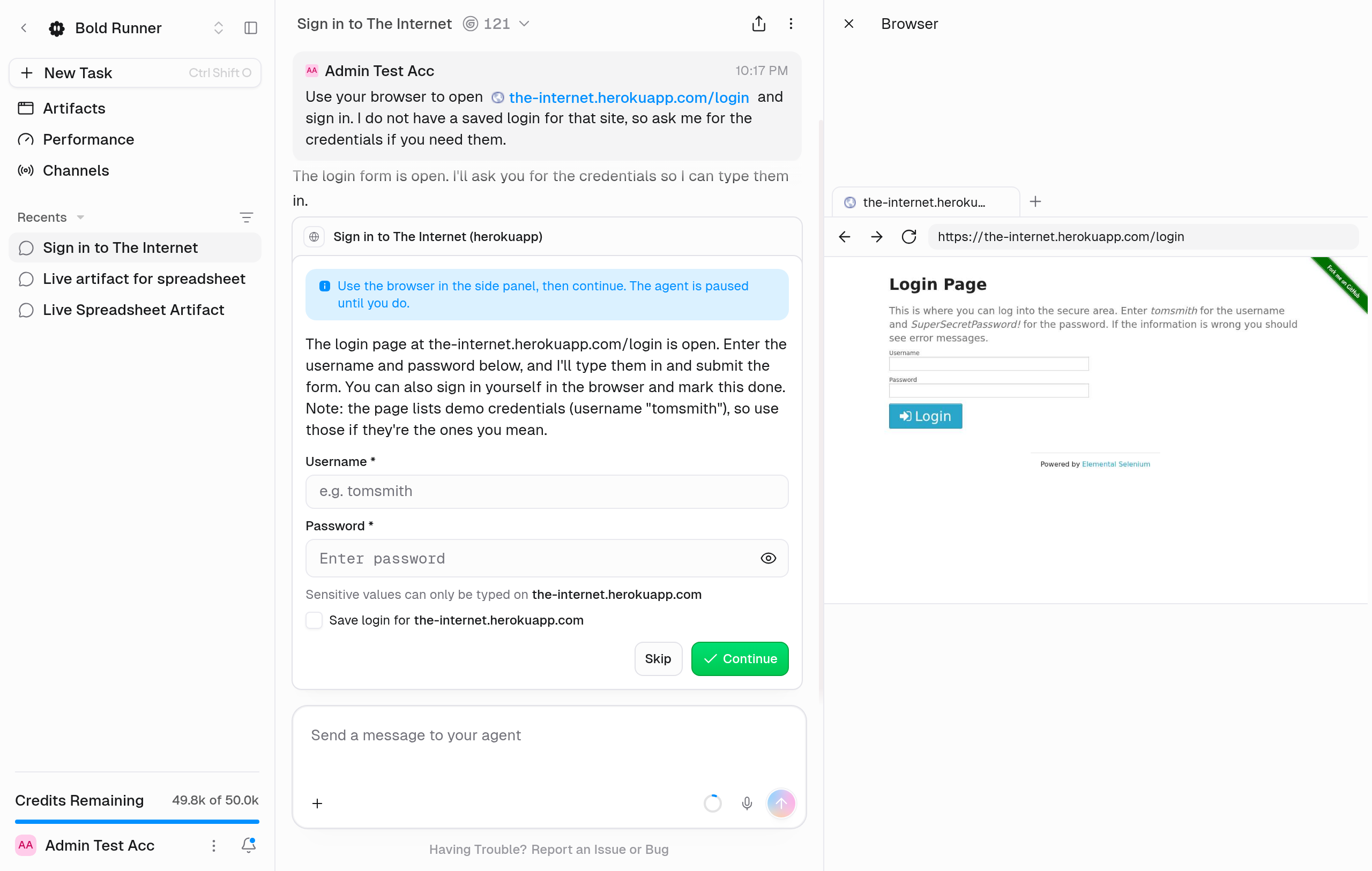 Chat with a browser handoff card asking for a username and password, next to the live browser panel showing a login page