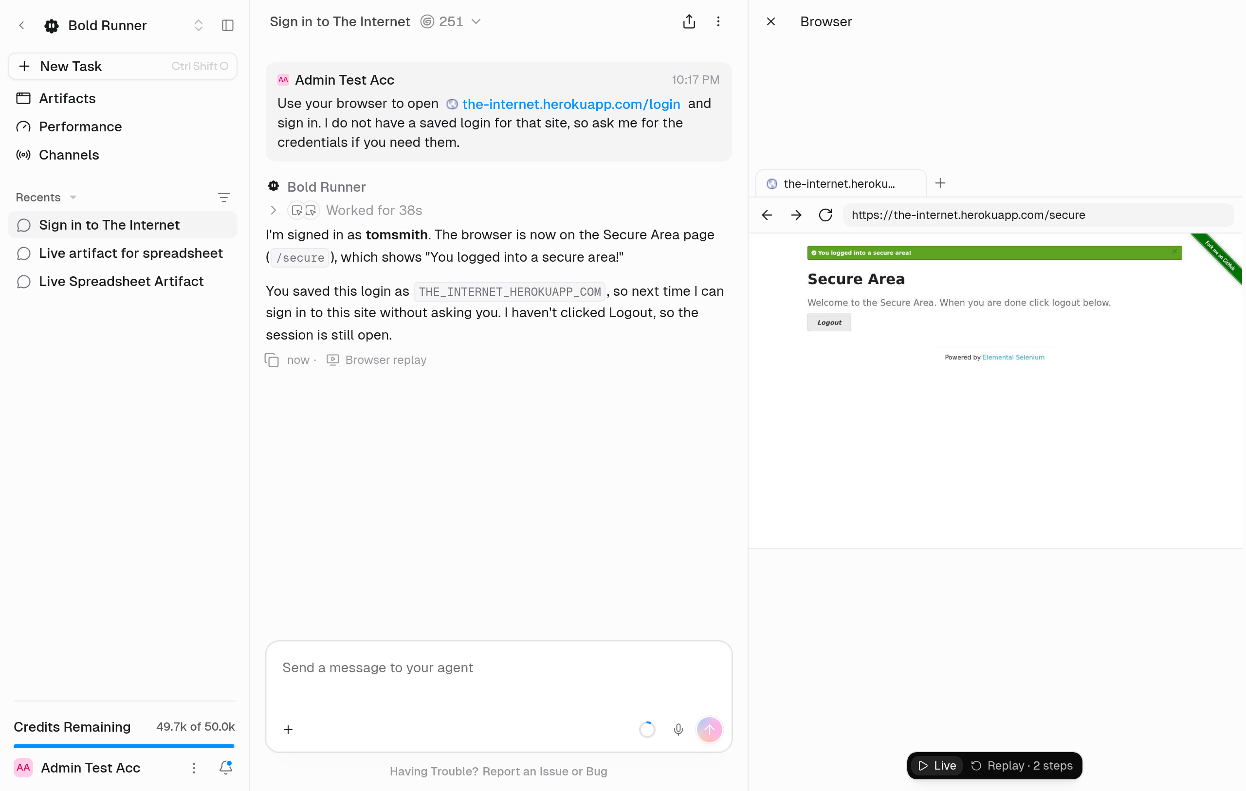 Chat where the agent reports it is signed in, with the browser panel showing a Secure Area page