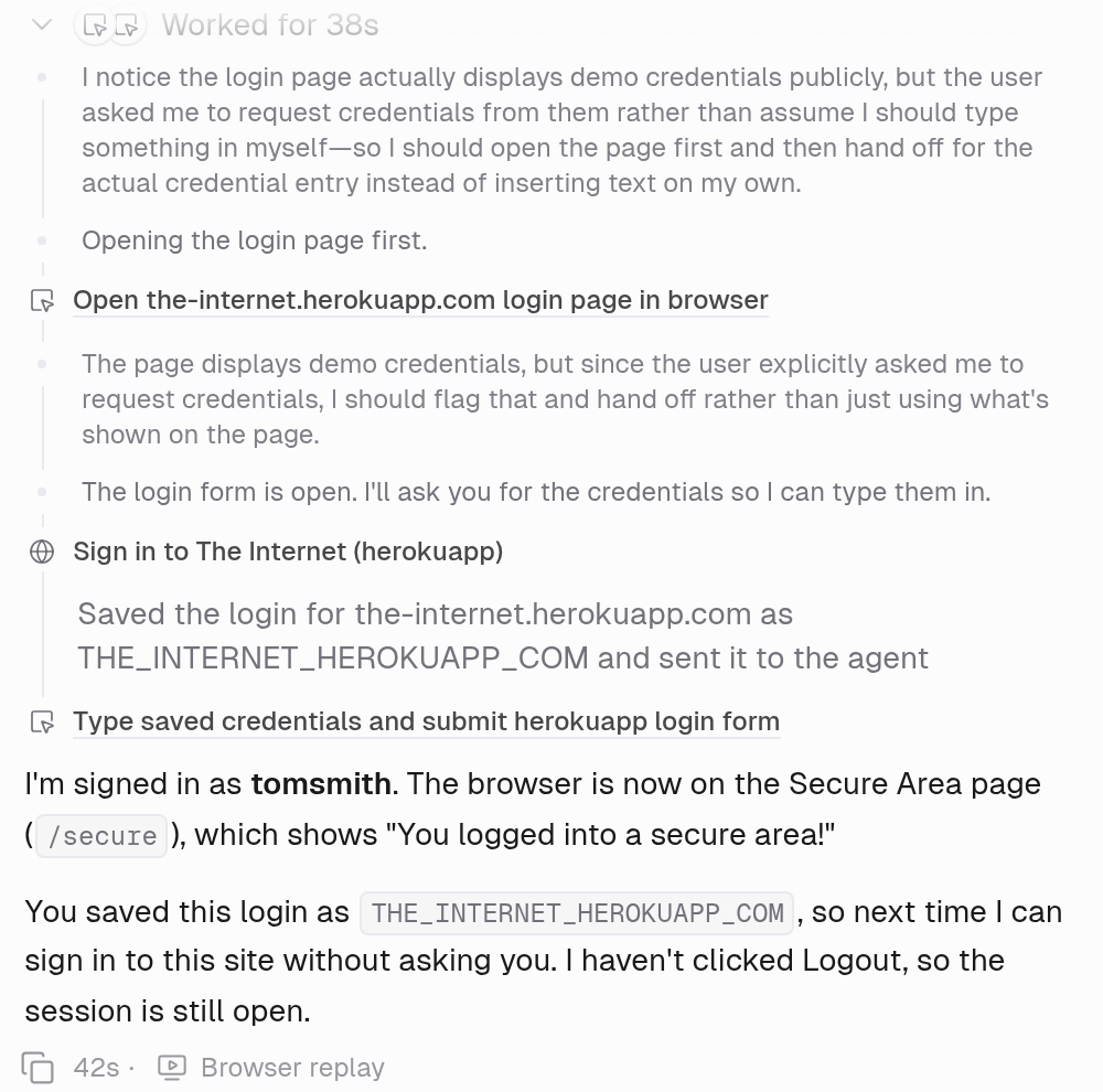 Agent steps showing the handoff resolved with Saved the login for the-internet.herokuapp.com as THE_INTERNET_HEROKUAPP_COM and sent it to the agent