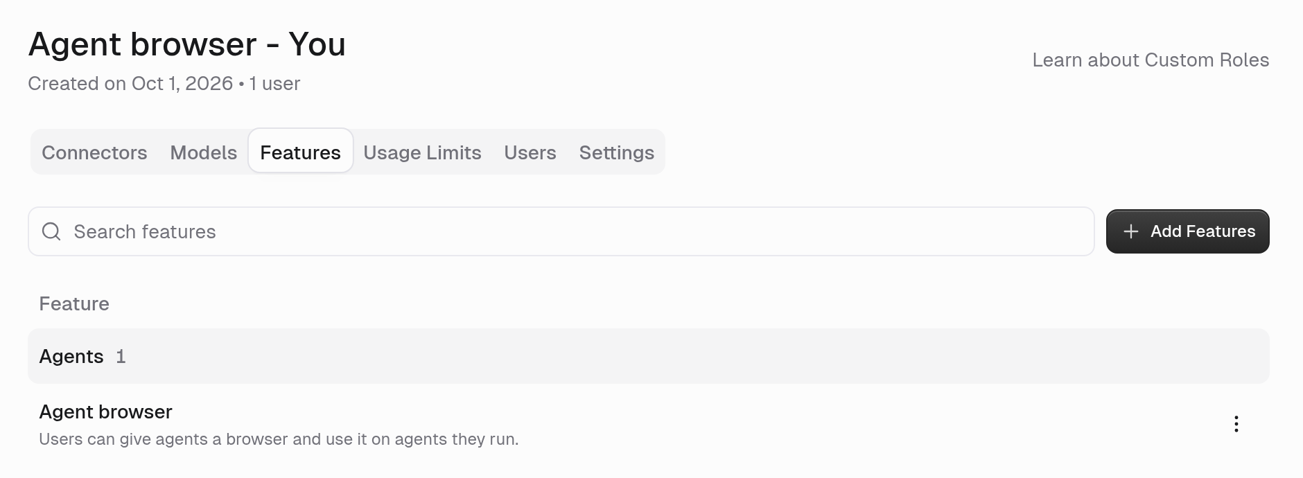 Custom role Features tab listing Agent browser under Agents