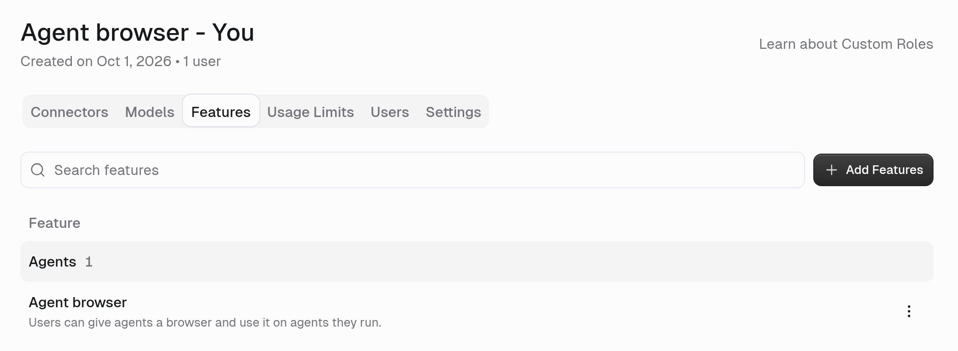 Custom role Features tab listing Agent browser under Agents