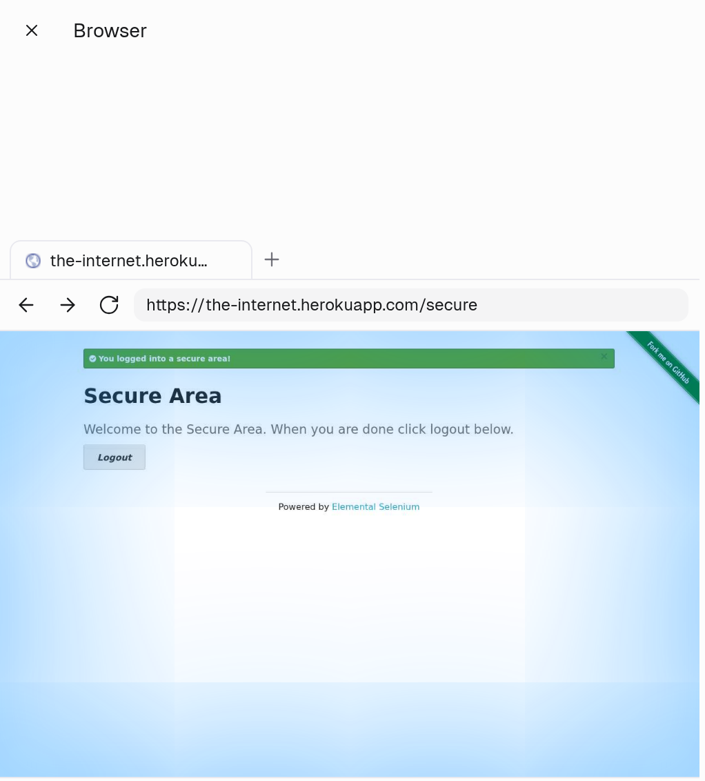 Live browser panel with a blue glow around the page while the agent types into a login form