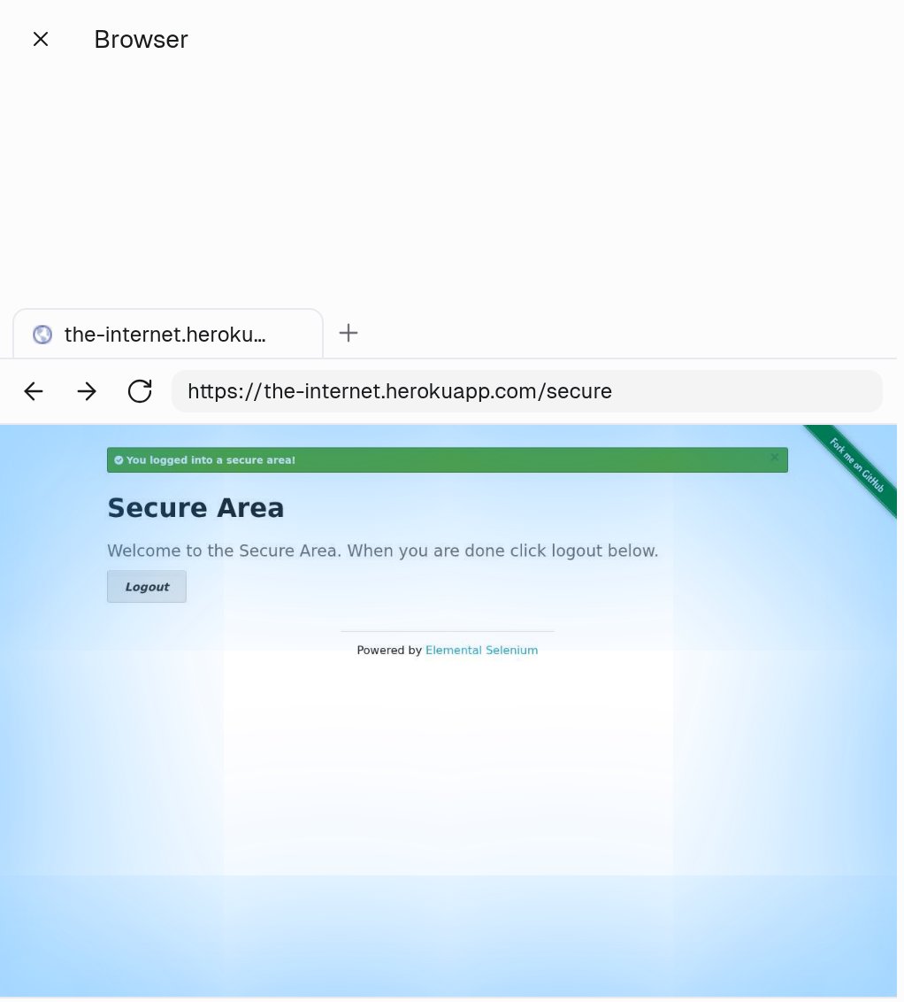 Official Gumloop docs screenshot of the agent browser live view showing a Browser panel with a tab titled the-internet.herokuapp.com, an address bar at /secure, and a page reading Secure Area with a green banner You logged into a secure area