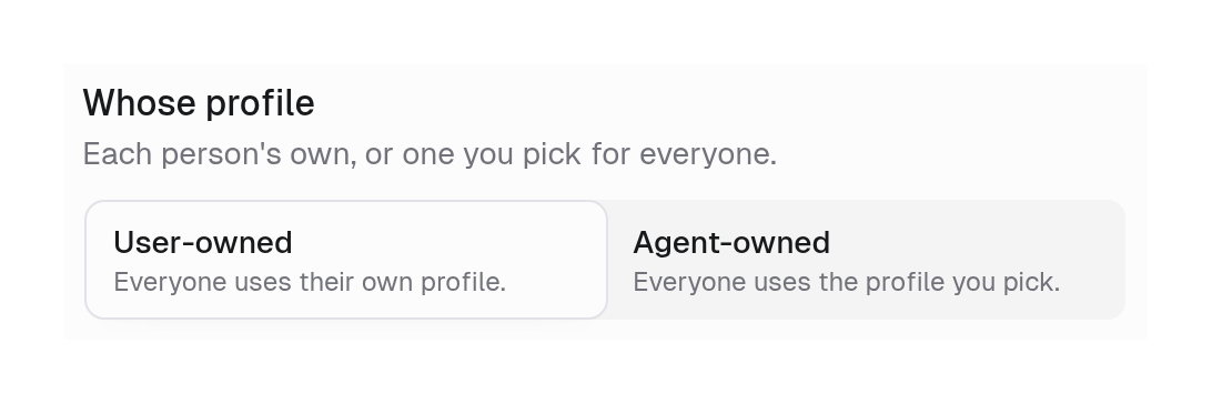 Whose profile toggle with User-owned, Everyone uses their own profile, and Agent-owned, Everyone uses the profile you pick