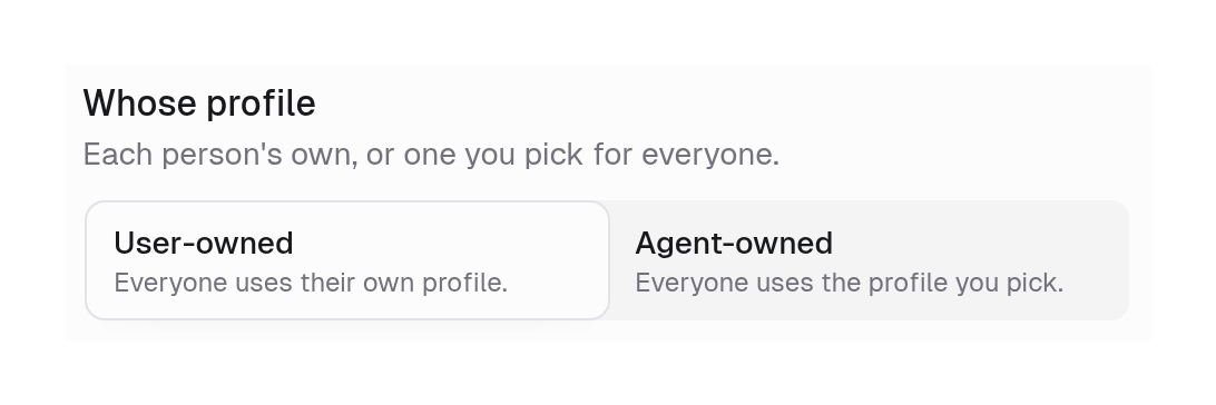 Whose profile toggle with User-owned, Everyone uses their own profile, and Agent-owned, Everyone uses the profile you pick