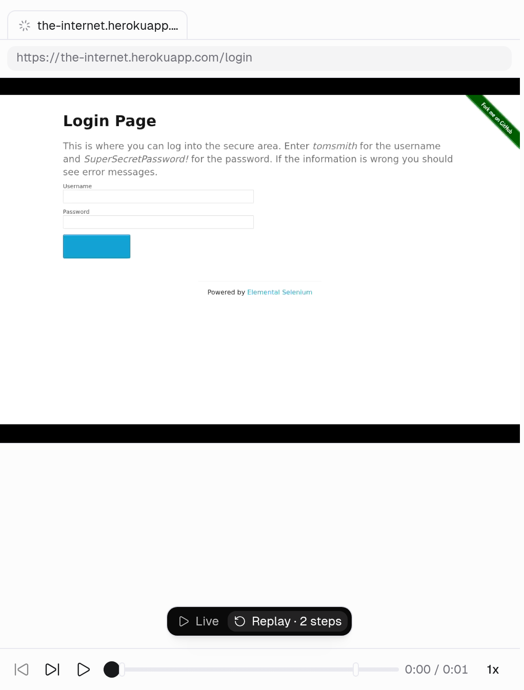 Browser replay of a login page with the Live and Replay pill and playback controls for step back, step forward, play, scrubber, time, and speed