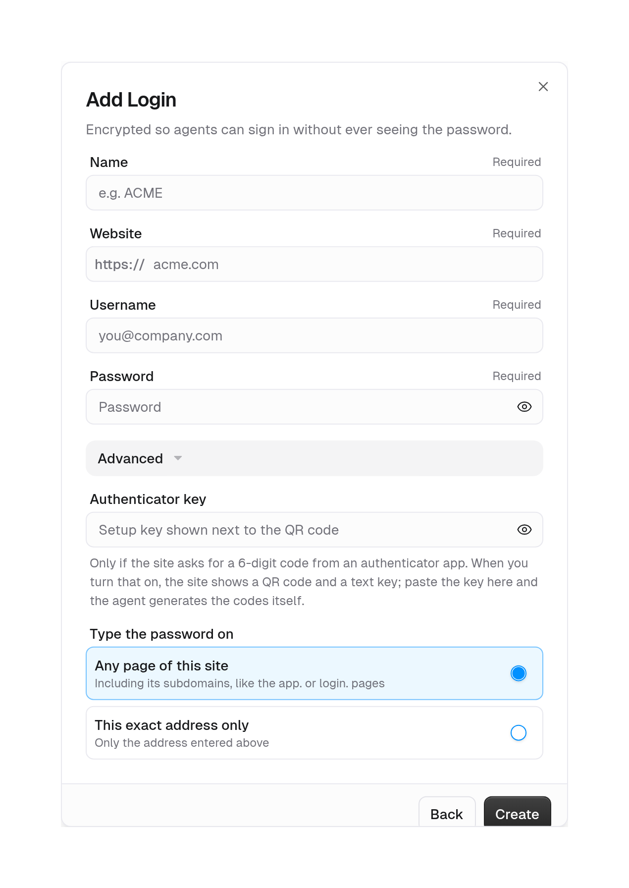 Add Login form with Name, Website, Username, Password, and an Advanced section with Authenticator key and Type the password on