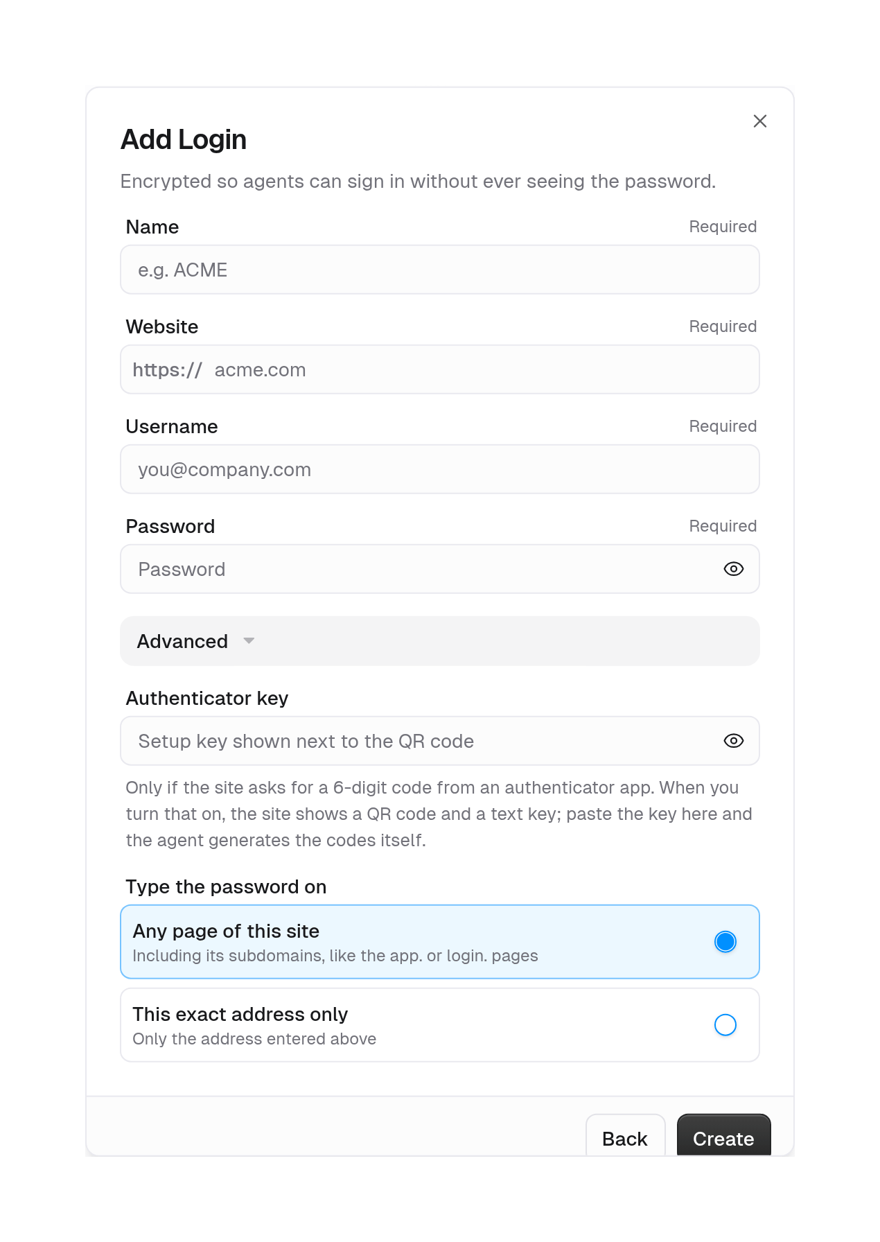 Add Login form with Name, Website, Username, Password, and an Advanced section with Authenticator key and Type the password on