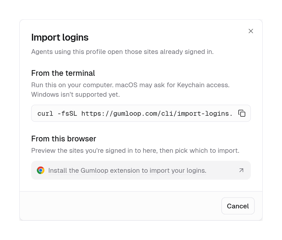 Import logins dialog with From the terminal and From this browser sections