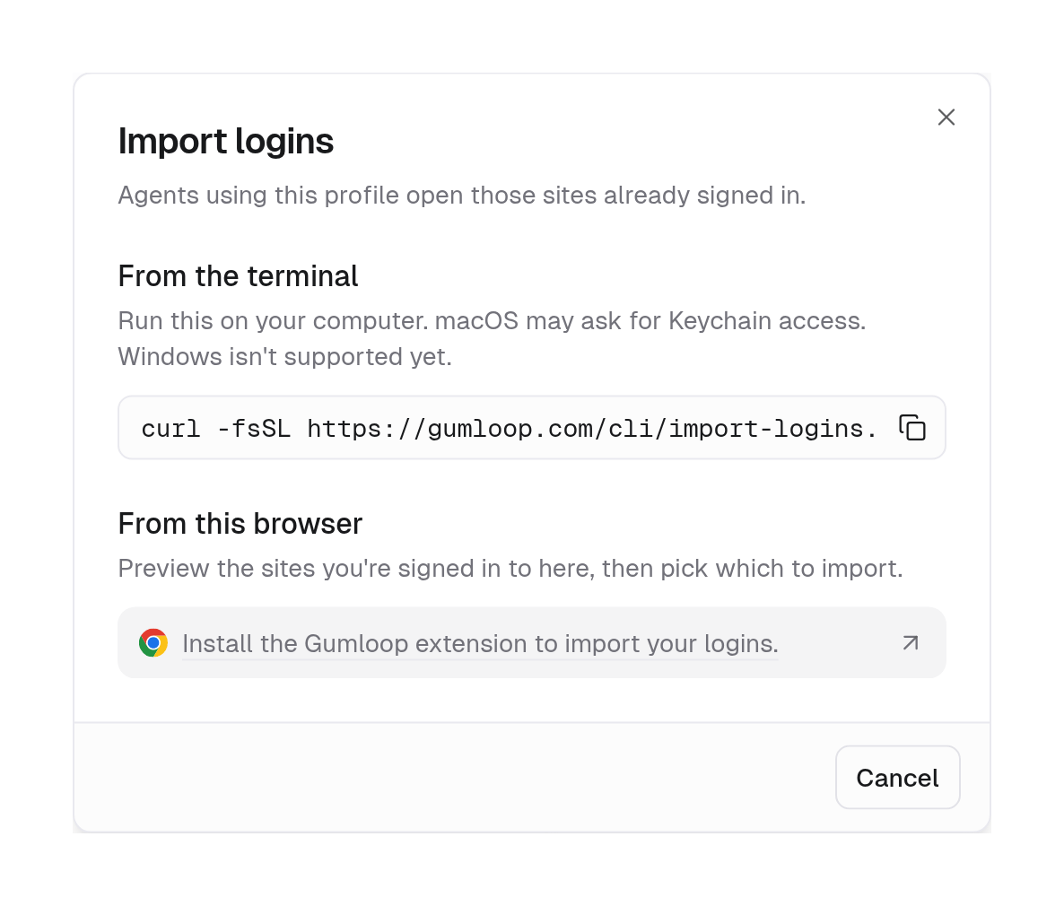 Import logins dialog with From the terminal and From this browser sections