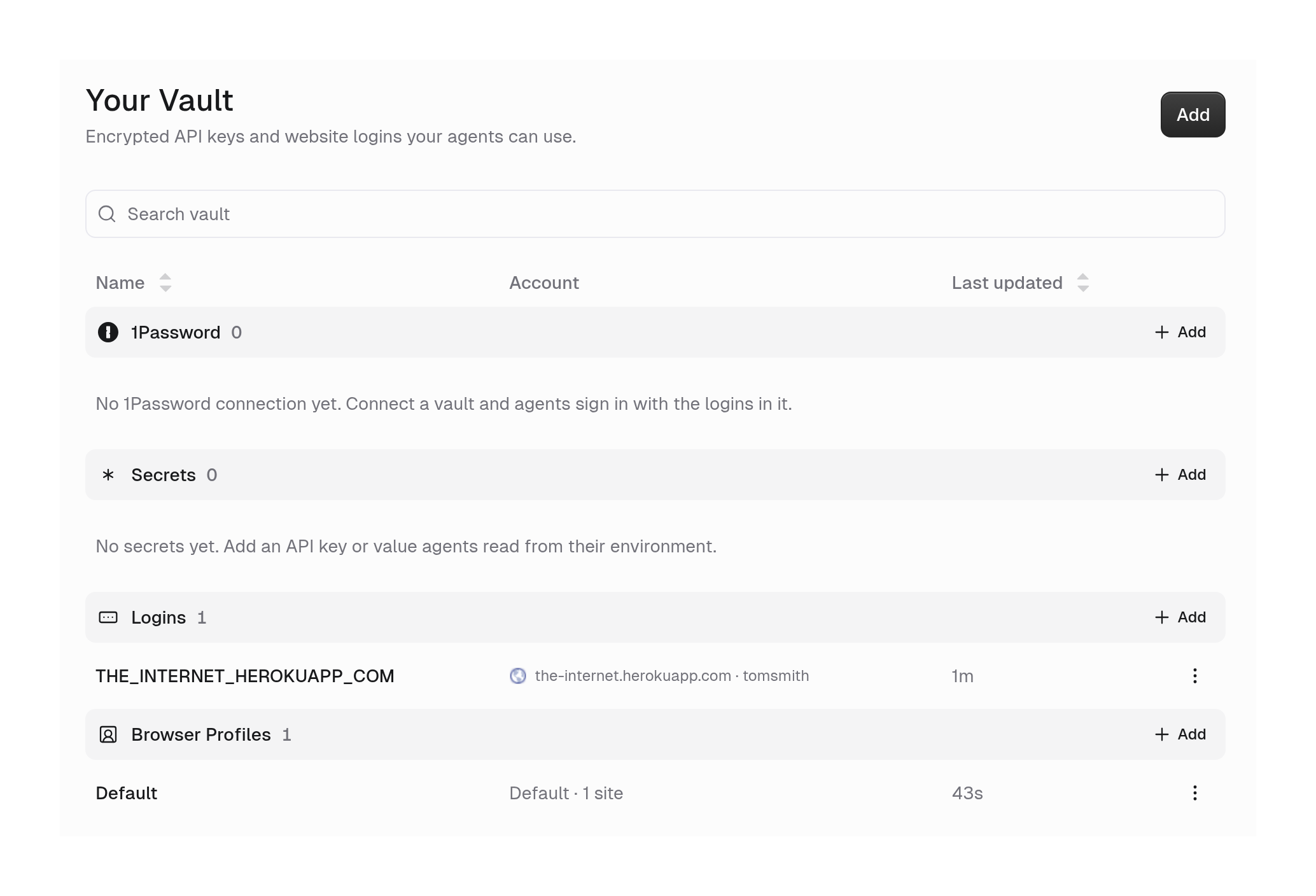 Your Vault page with 1Password, Secrets, Logins, and Browser Profiles sections, showing one saved login and a Default browser profile