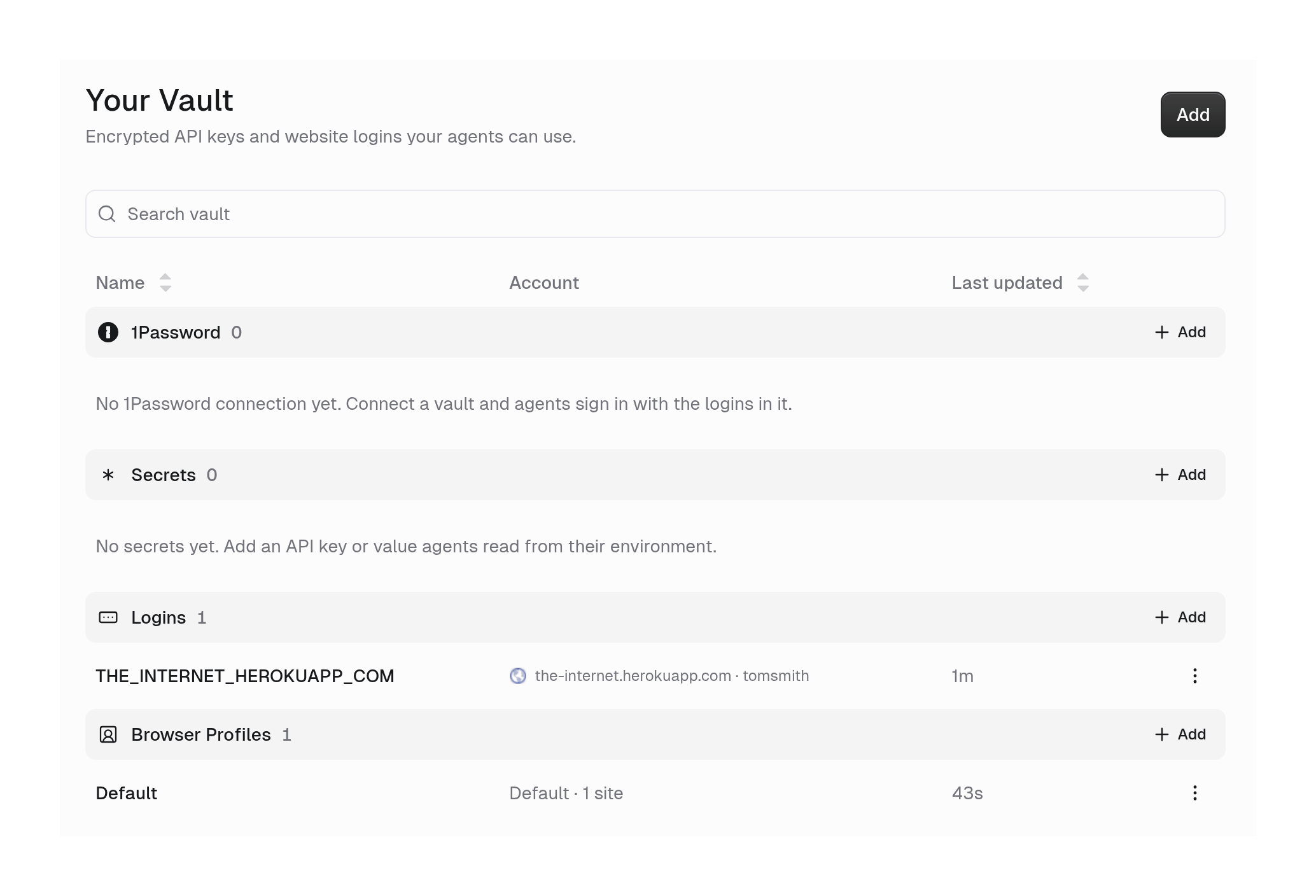 Your Vault page with 1Password, Secrets, Logins, and Browser Profiles sections, showing one saved login and a Default browser profile
