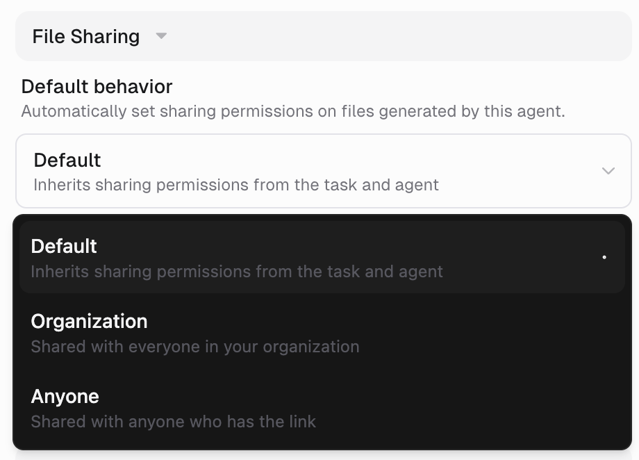 File Sharing section with the Default behavior dropdown open, showing Default, Organization, and Anyone
