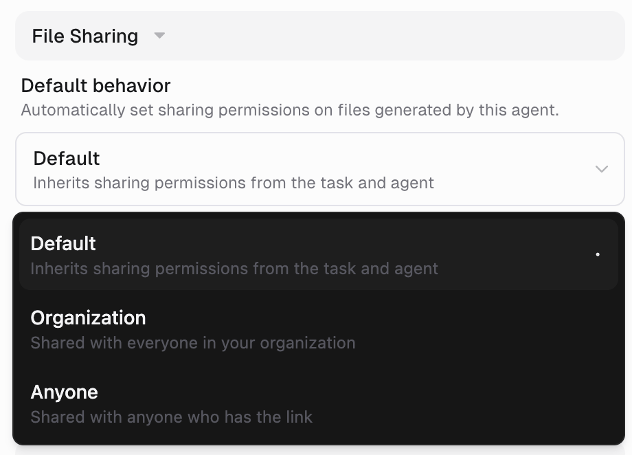 File Sharing section with the Default behavior dropdown open, showing Default, Organization, and Anyone