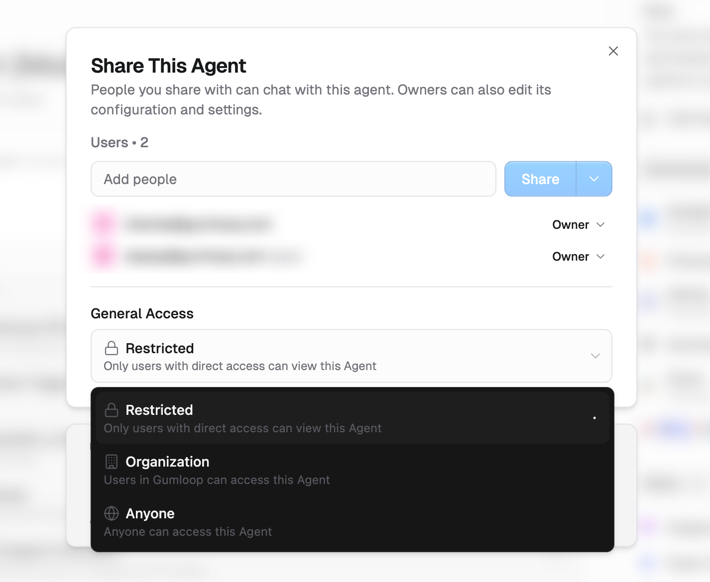 Share This Agent modal with the General Access dropdown open, showing Restricted, Organization, and Anyone
