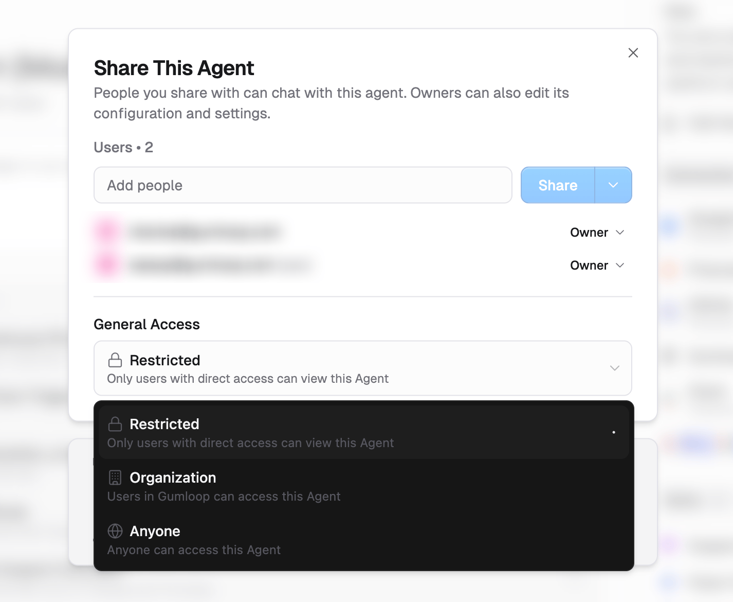 Share This Agent modal with the General Access dropdown open, showing Restricted, Organization, and Anyone