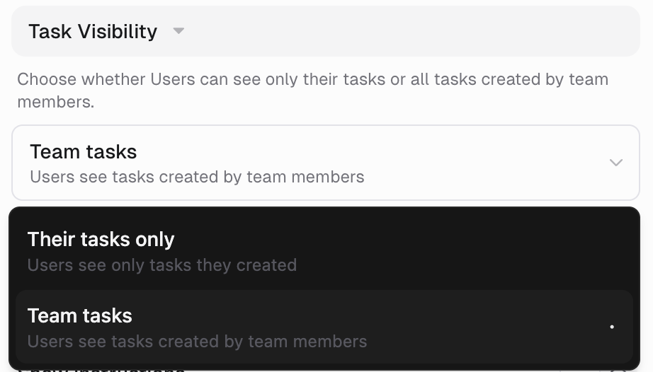 Task Visibility section with the dropdown open, showing Their tasks only and Team tasks