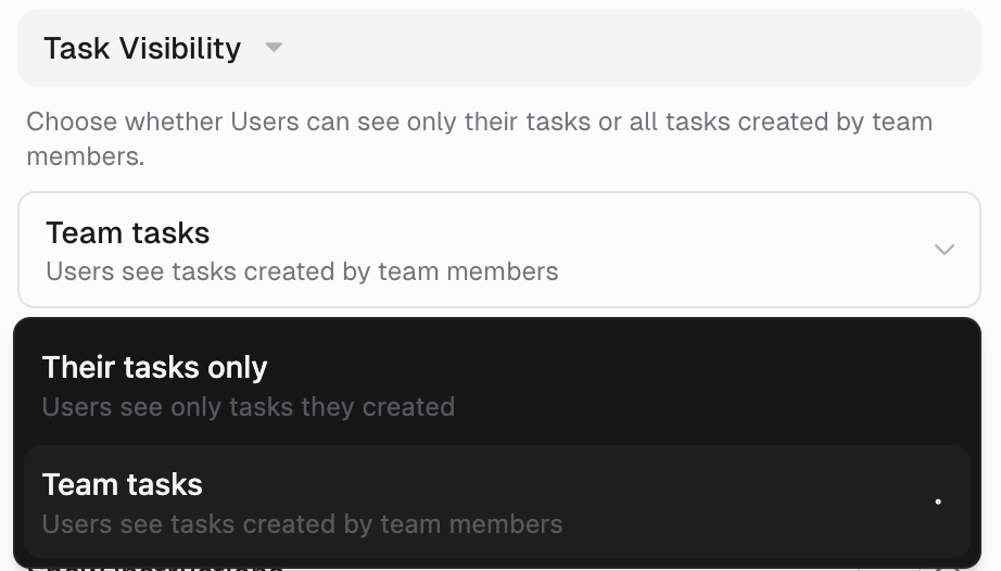 Task Visibility section with the dropdown open, showing Their tasks only and Team tasks