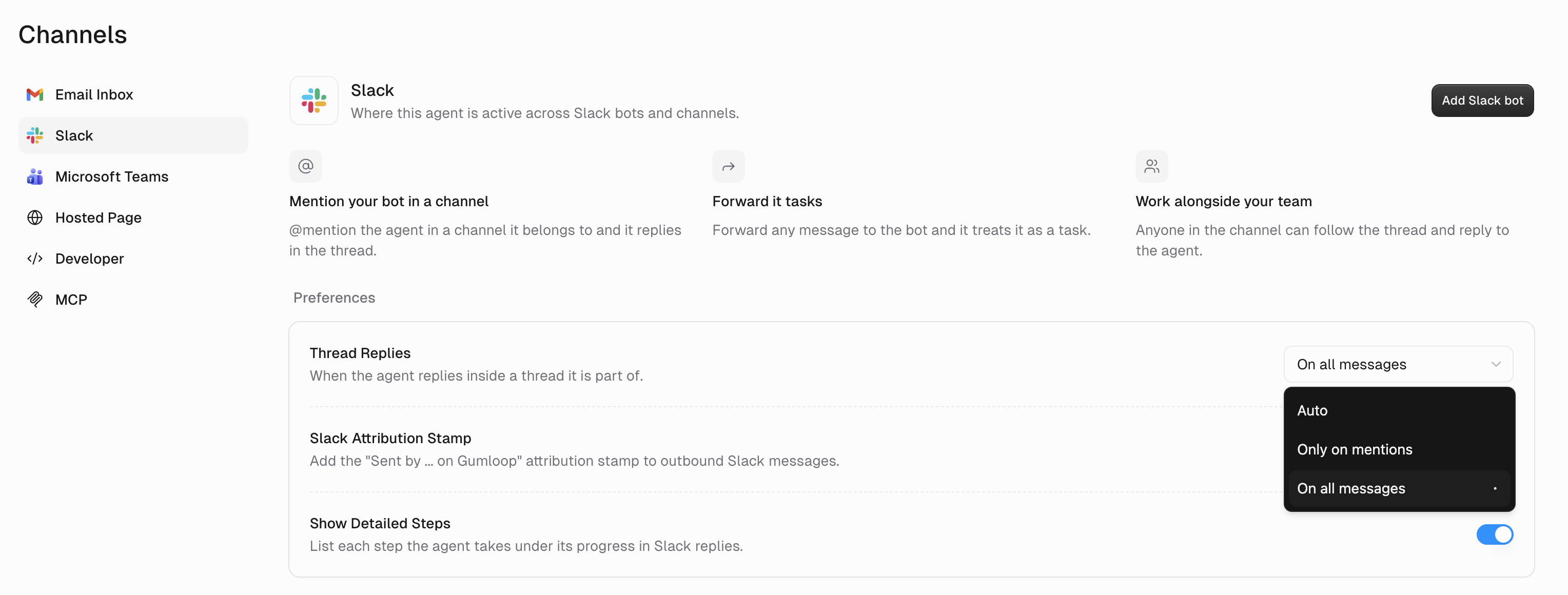 Slack preferences on the Channels page with the Thread Replies dropdown open, showing Auto, Only on mentions, and On all messages