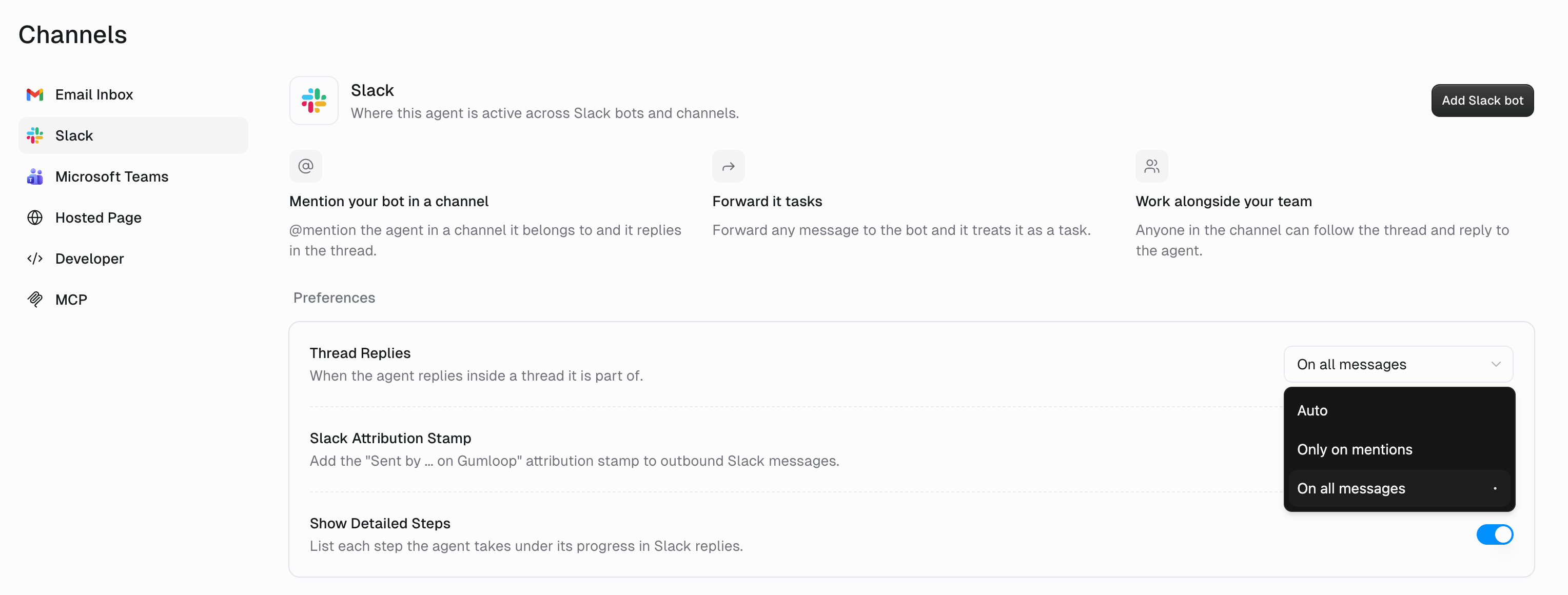 Slack preferences on the Channels page with the Thread Replies dropdown open, showing Auto, Only on mentions, and On all messages