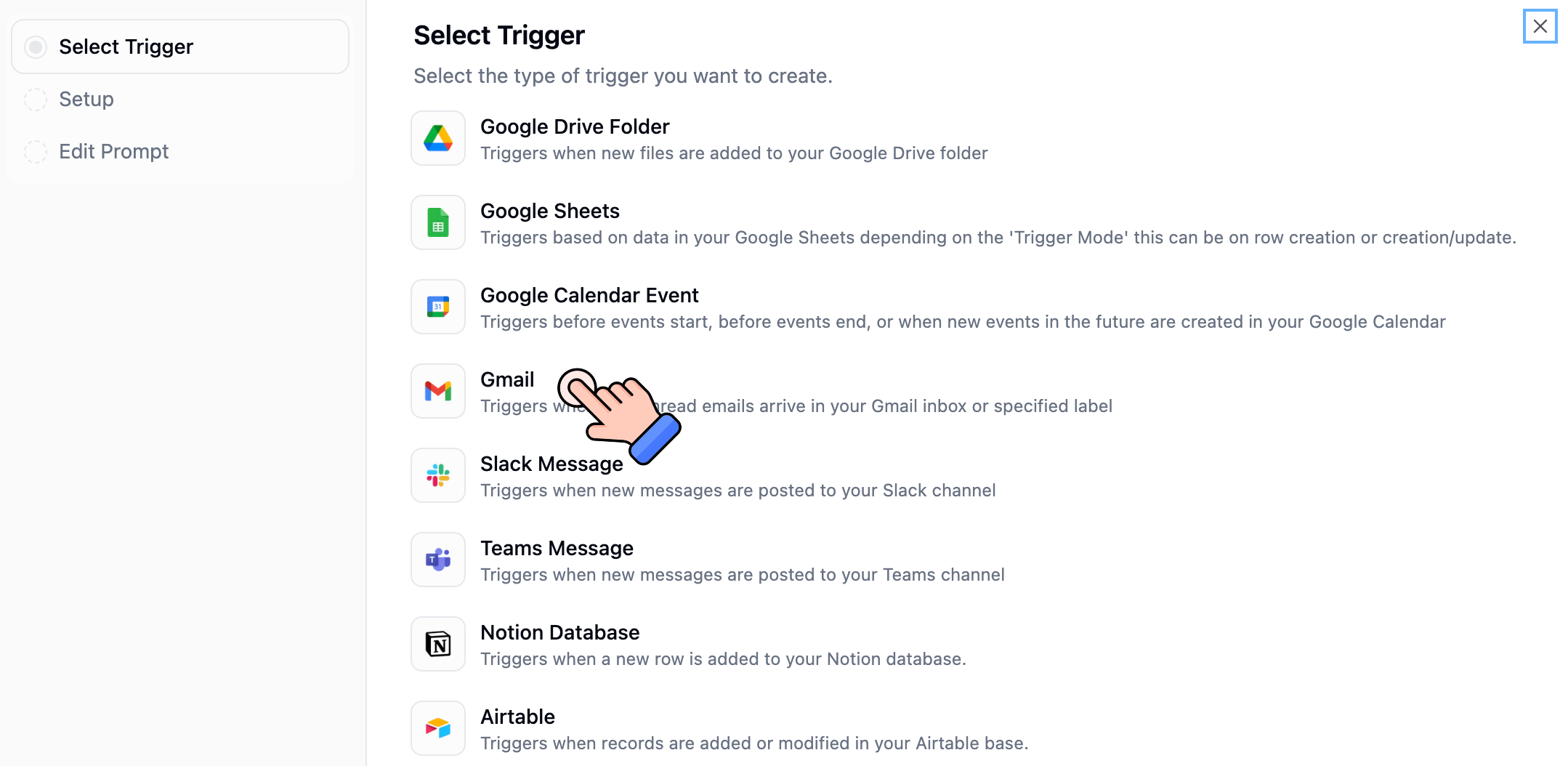 Select Trigger dialog showing available integrations: Google Drive, Google Sheets, Google Calendar, Gmail, Slack, Teams, Notion, and Airtable