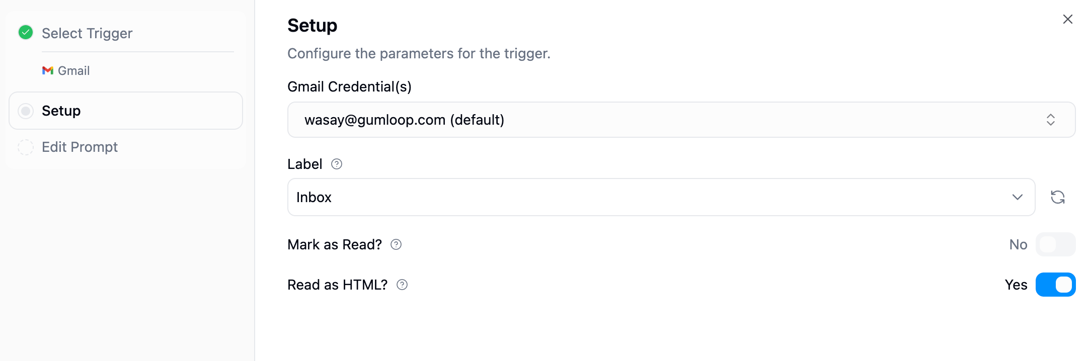 Gmail trigger setup with credential selection, label filter, and options for Mark as Read and Read as HTML
