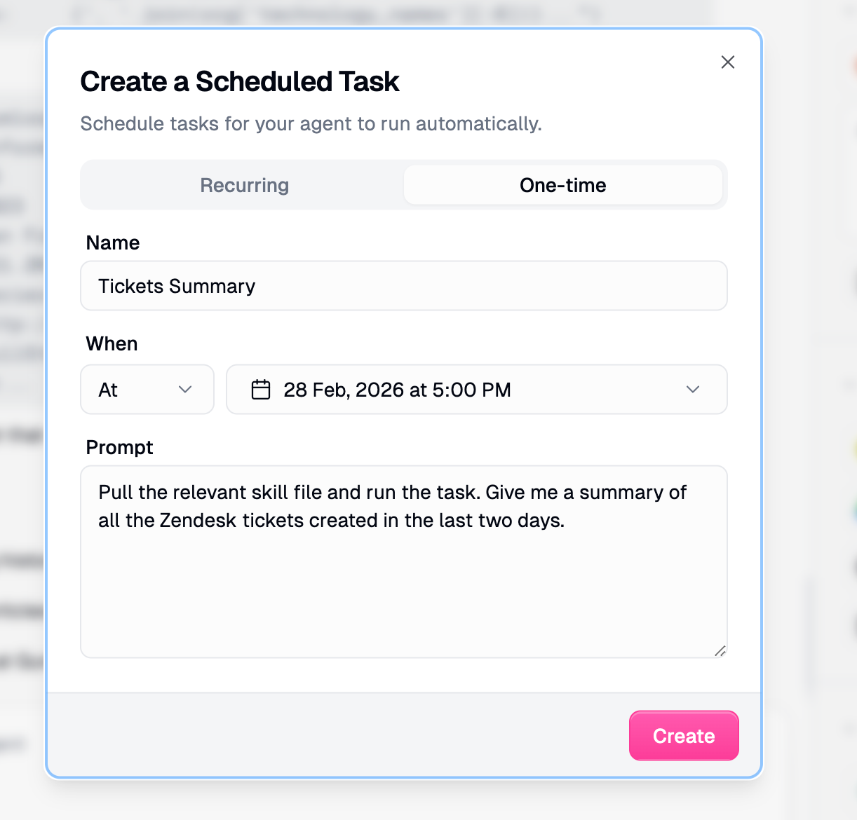 Create a Scheduled Task dialog showing the One-time tab with name, date/time picker, and prompt