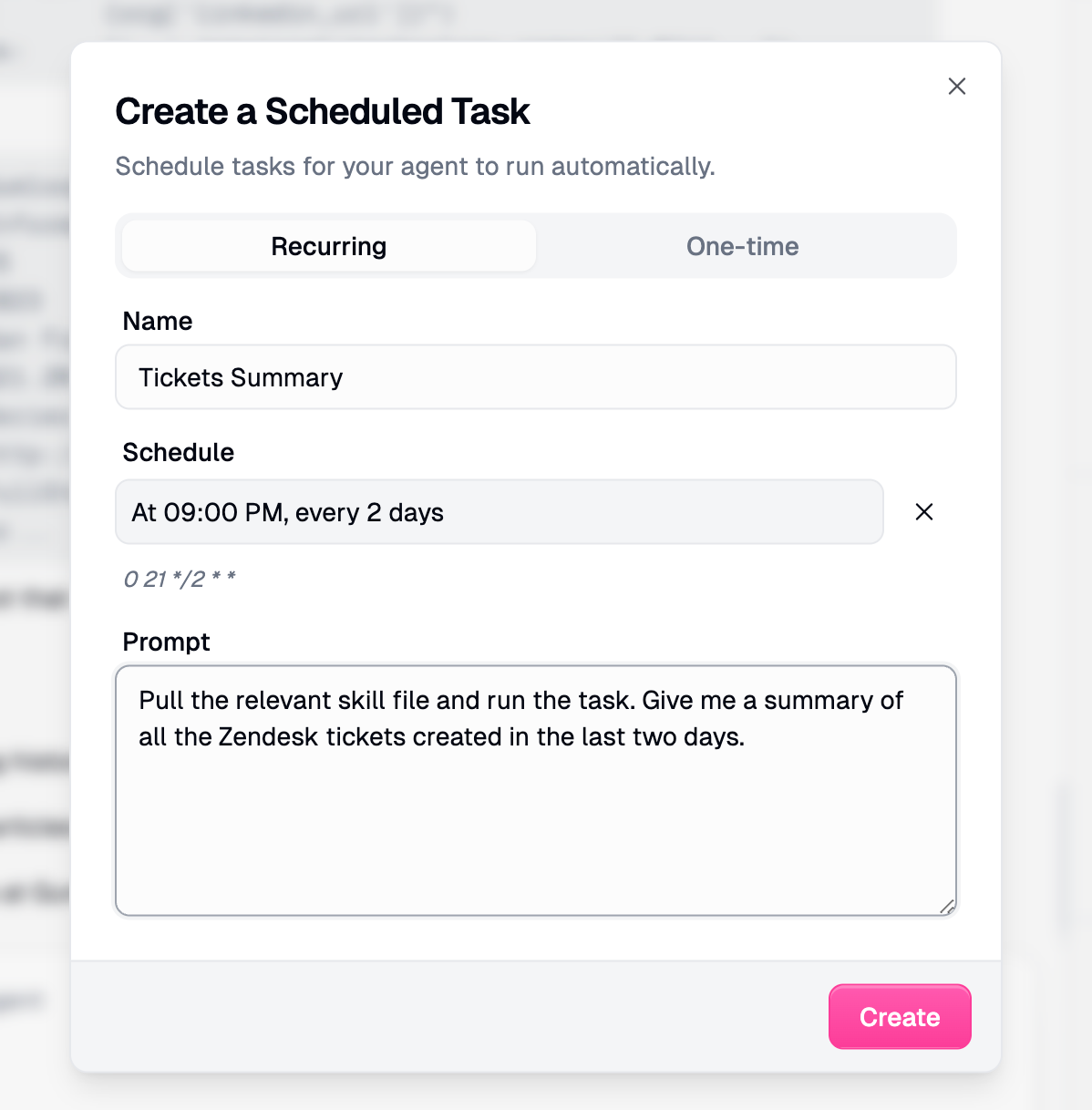 Create a Scheduled Task dialog showing the Recurring tab with name, AI-powered schedule field, cron expression, and prompt