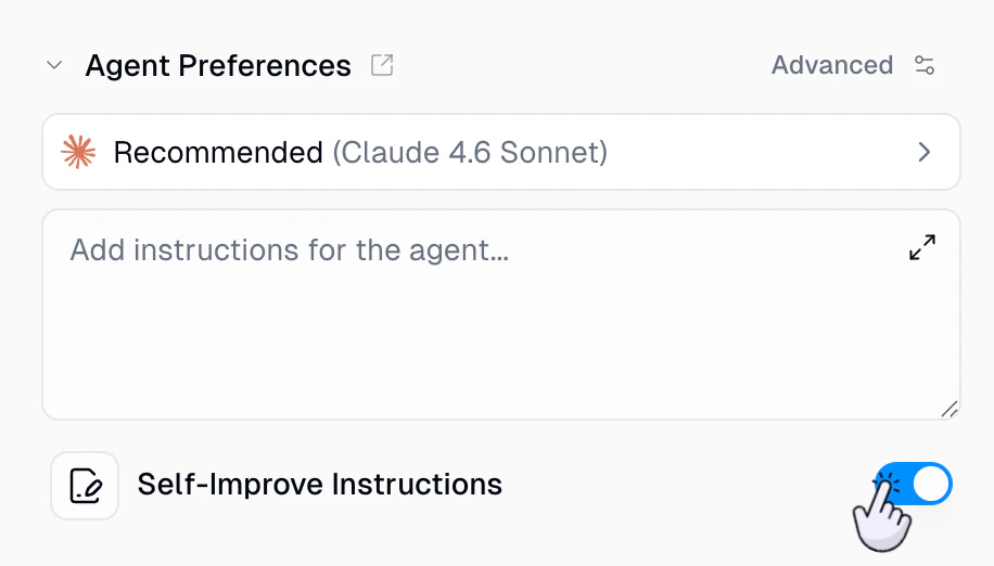 Self-Improve Instructions toggle enabled in Agent Preferences, located below the system prompt editor