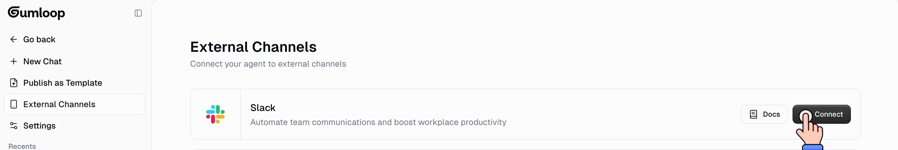 External Channels section showing Slack with Connect button